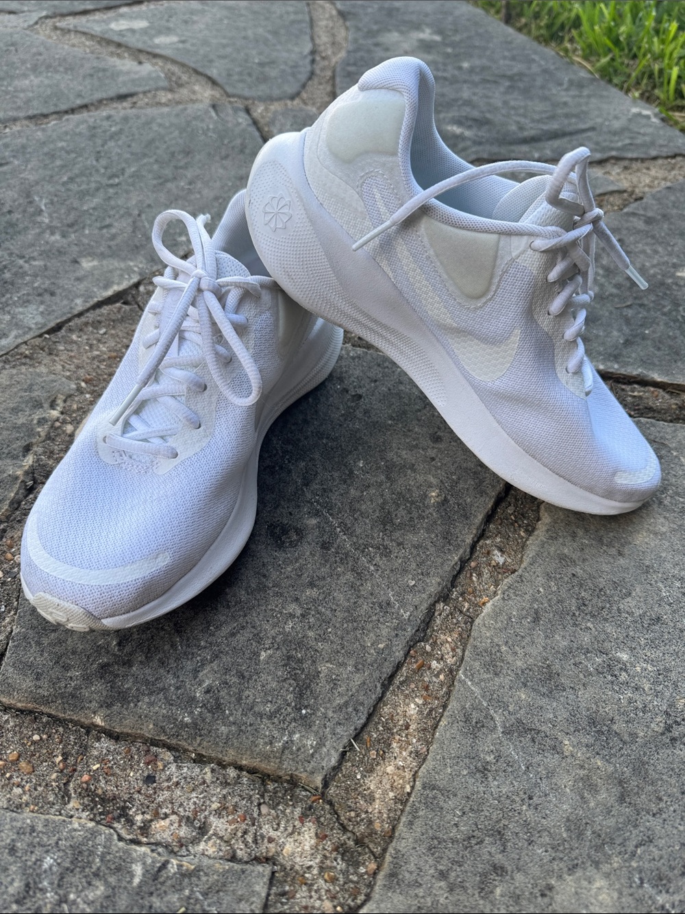 Nike Revolution (FB2208-100) White logo on White Canvas - Women’s 7.5
